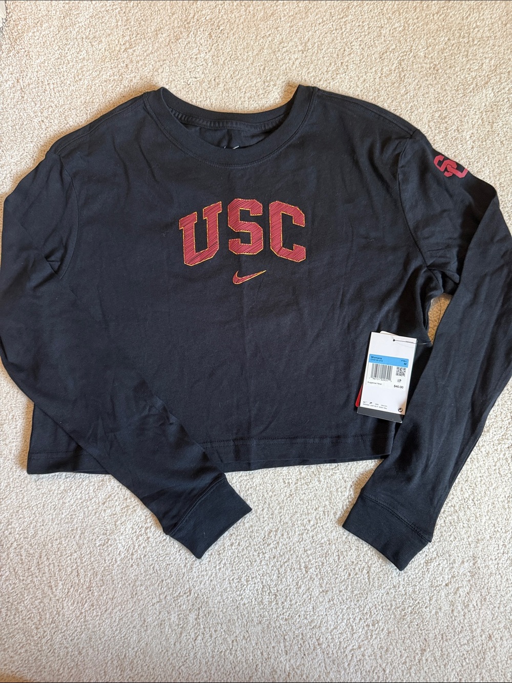 Nike Black USC Long Sleeve Cropped Tee with Maroon Logo